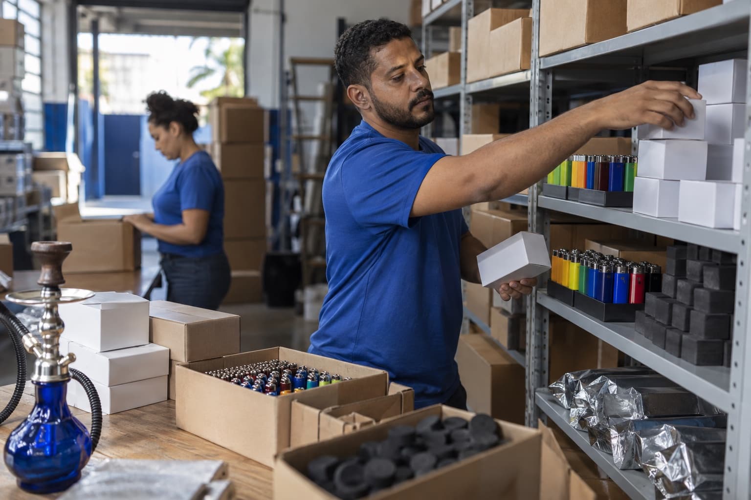 Funcionário de camisa azul organizando caixas de isqueiros, sedas e carvão para narguilé nas prateleiras de estoque de uma distribuidora