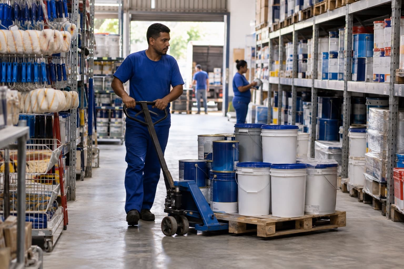 Funcionário de uniforme azul puxando um palete de baldes e latas de tinta com paleteira entre prateleiras de produtos de pintura numa distribuidora