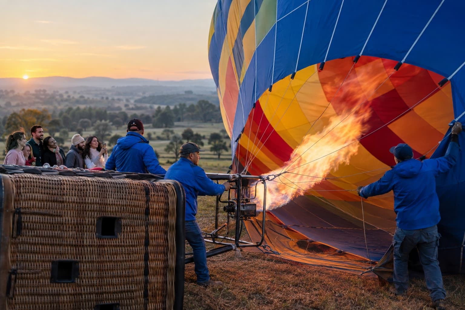 Equipe de jaquetas azuis inflando um balão colorido ao amanhecer num campo aberto enquanto passageiros aguardam perto do cesto