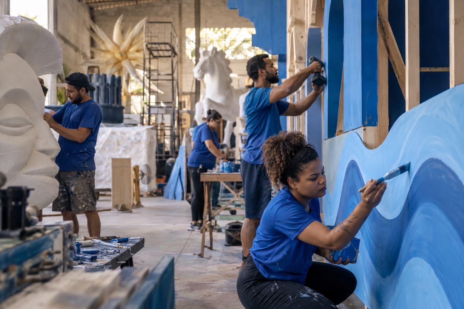 Cenotécnicos de camiseta azul pintando e montando um grande painel de madeira para cenário em um galpão de cenografia, com esculturas de isopor e objetos de cena