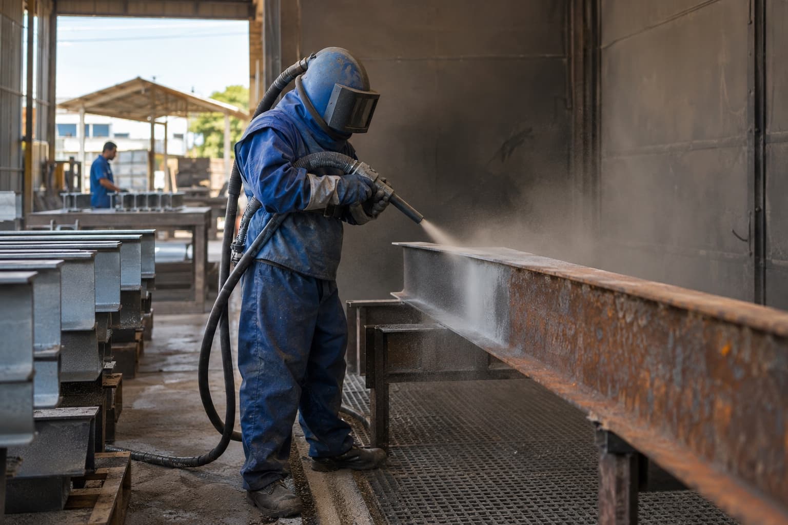 Operador com roupa de proteção azul e capacete de jateamento limpando uma viga de aço enferrujada dentro de uma cabine de jateamento