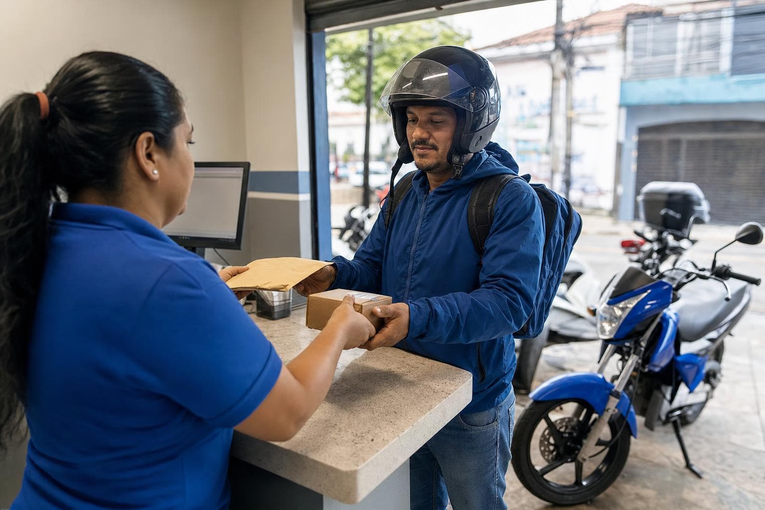 Motofretista pegando um envelope no balcão de uma central de entregas