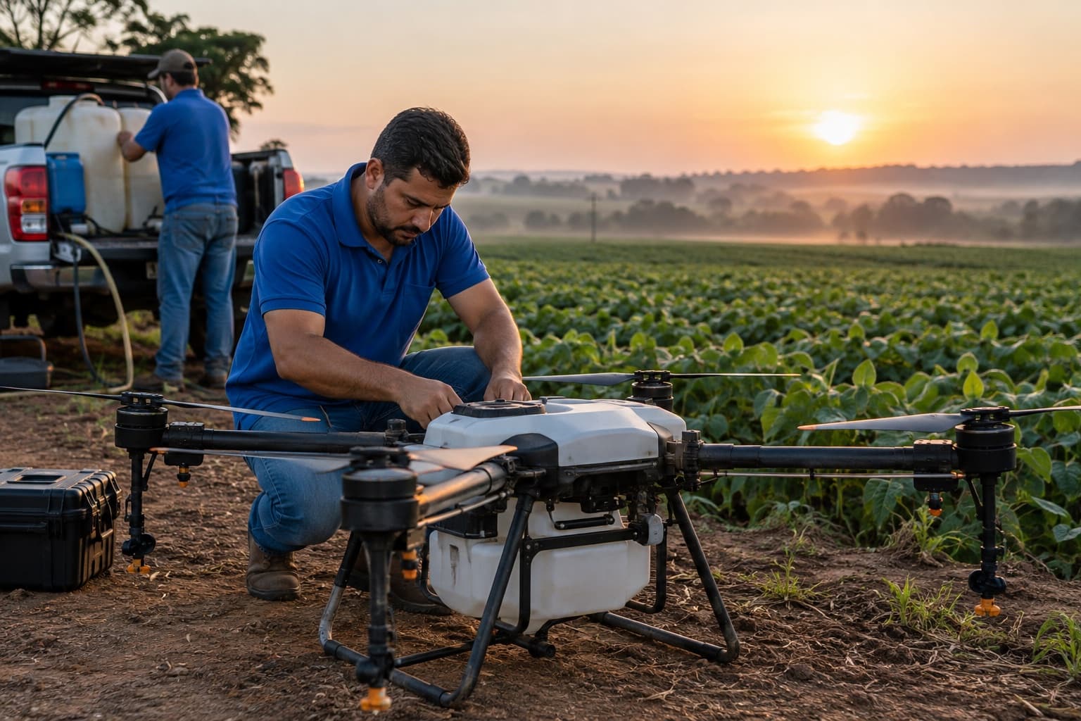 Piloto de camisa polo azul preparando um drone agrícola de pulverização na beira de uma lavoura de soja ao amanhecer