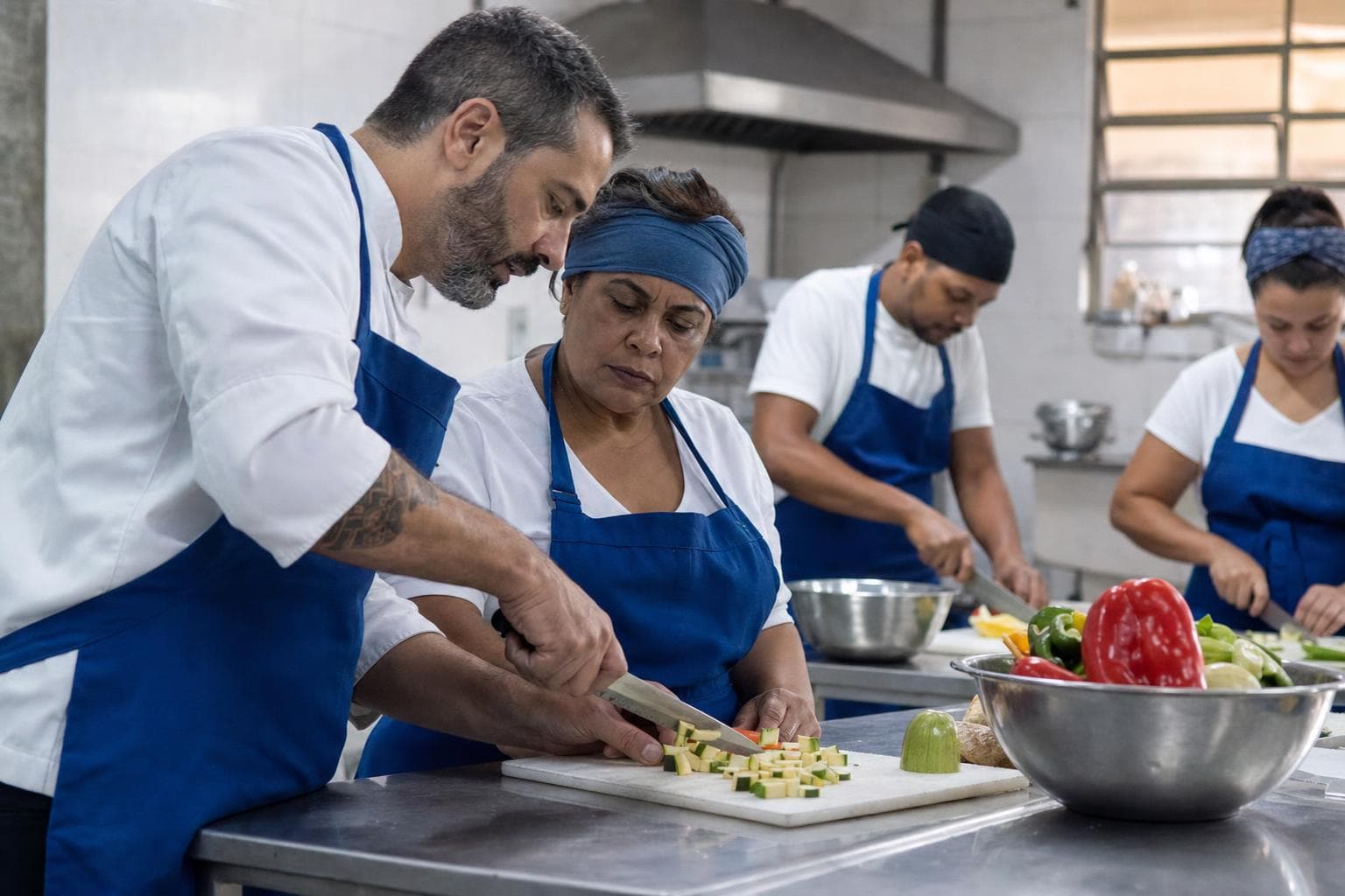 Chef instrutora ensinando alunos a cortar legumes em bancadas de inox de uma cozinha escola