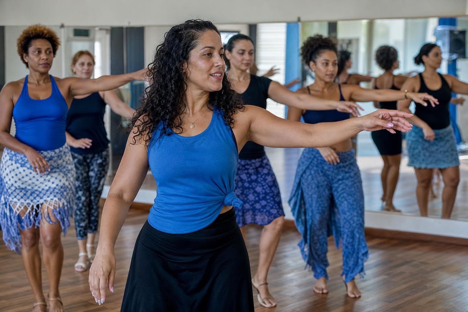 Professora conduzindo uma aula de dança com alunos em frente ao espelho