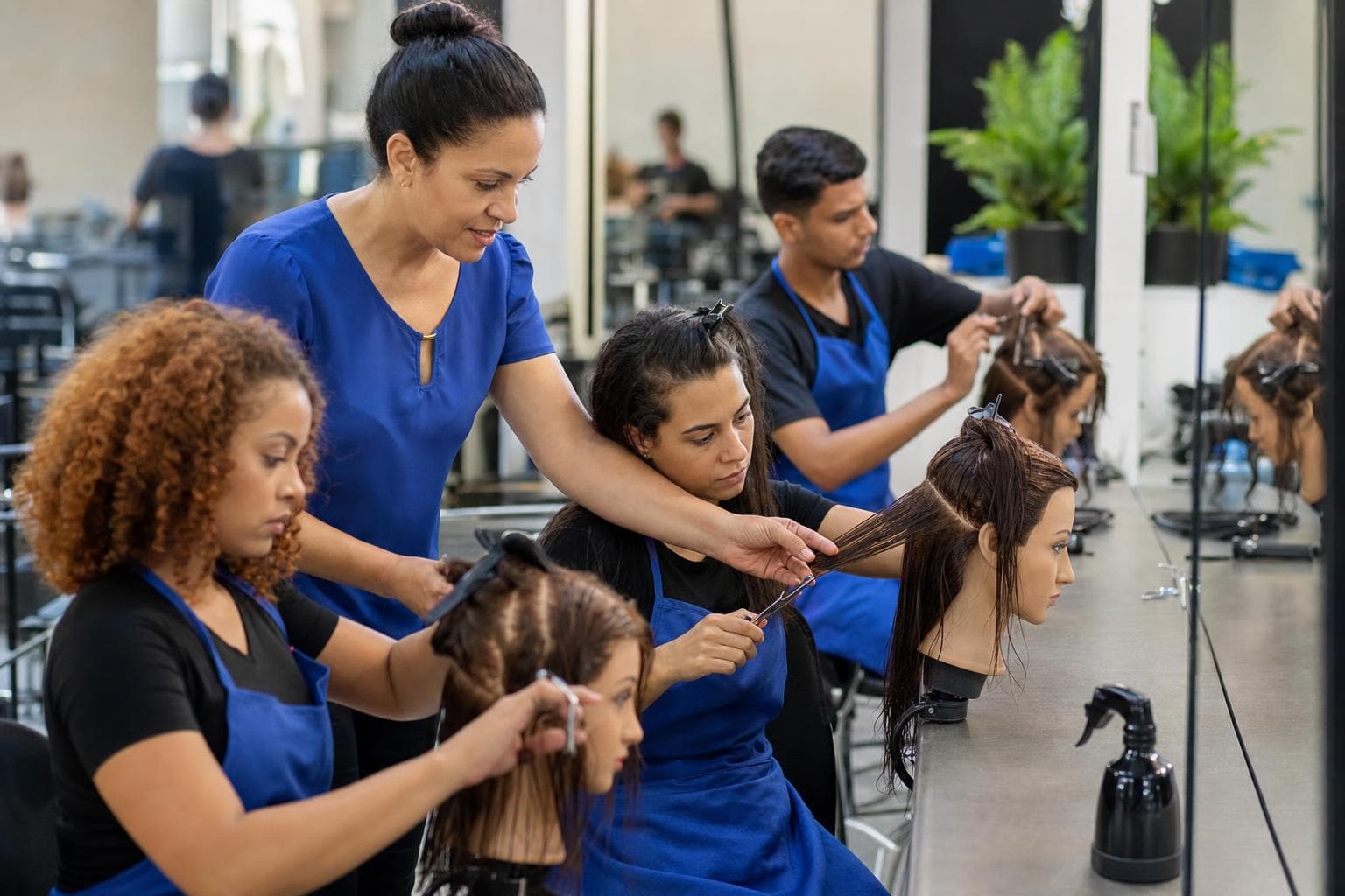 Alunas praticando corte de cabelo em cabeças de manequim com a professora observando