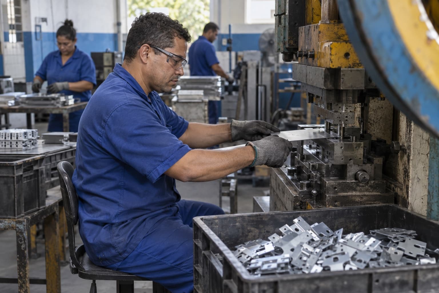Operador de uniforme azul e óculos de proteção alimentando uma prensa excêntrica com tira de chapa de aço numa estamparia, com caixas de peças estampadas ao lado