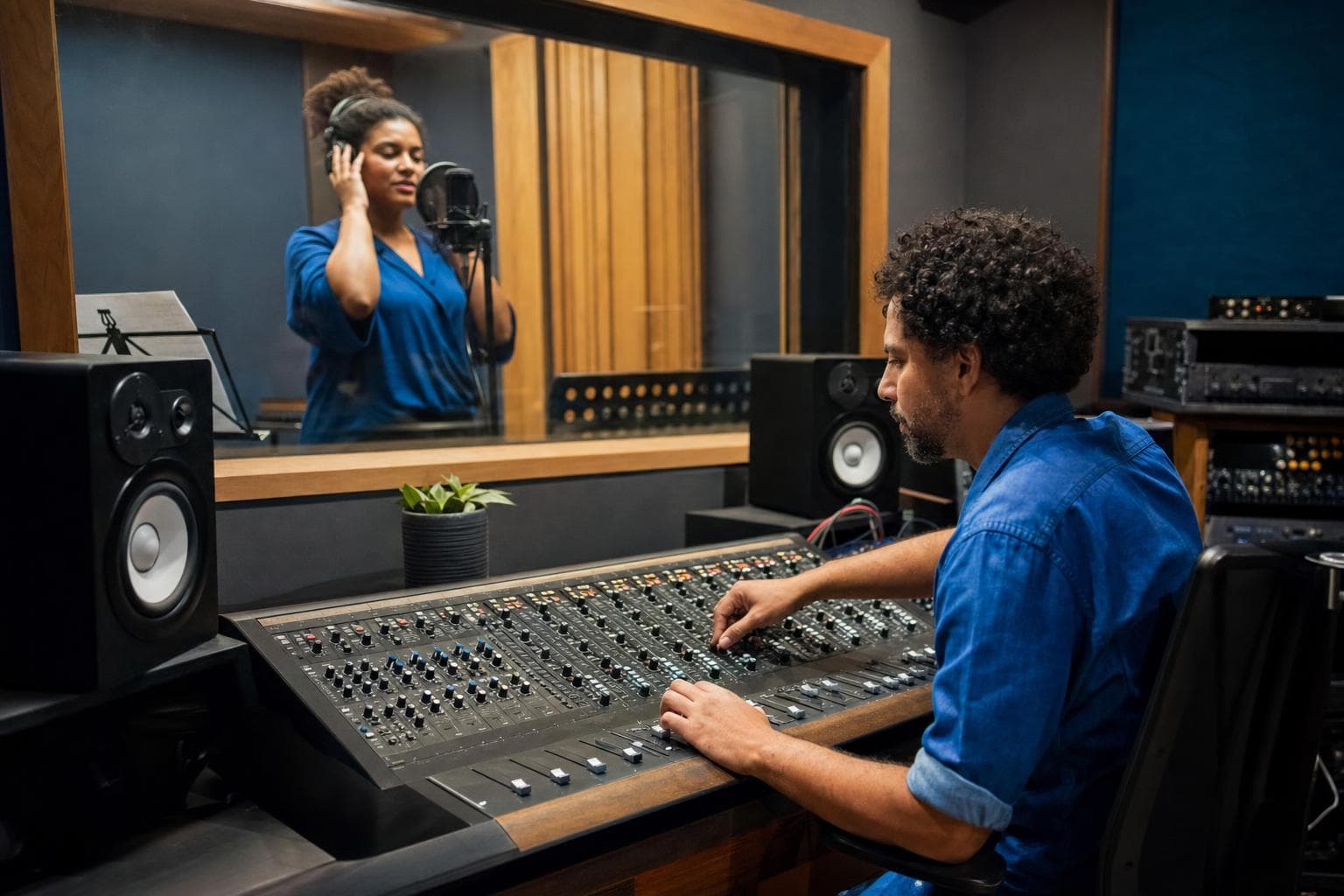 Produtor musical na mesa de mixagem com uma cantora gravando atrás do vidro
