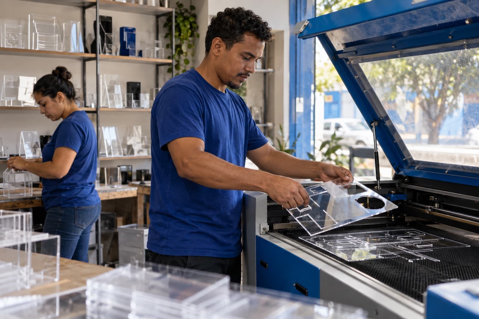 Funcionário de camisa azul retirando uma peça de acrílico transparente recém-cortada de uma máquina de corte a laser numa oficina, com displays de acrílico nas prateleiras