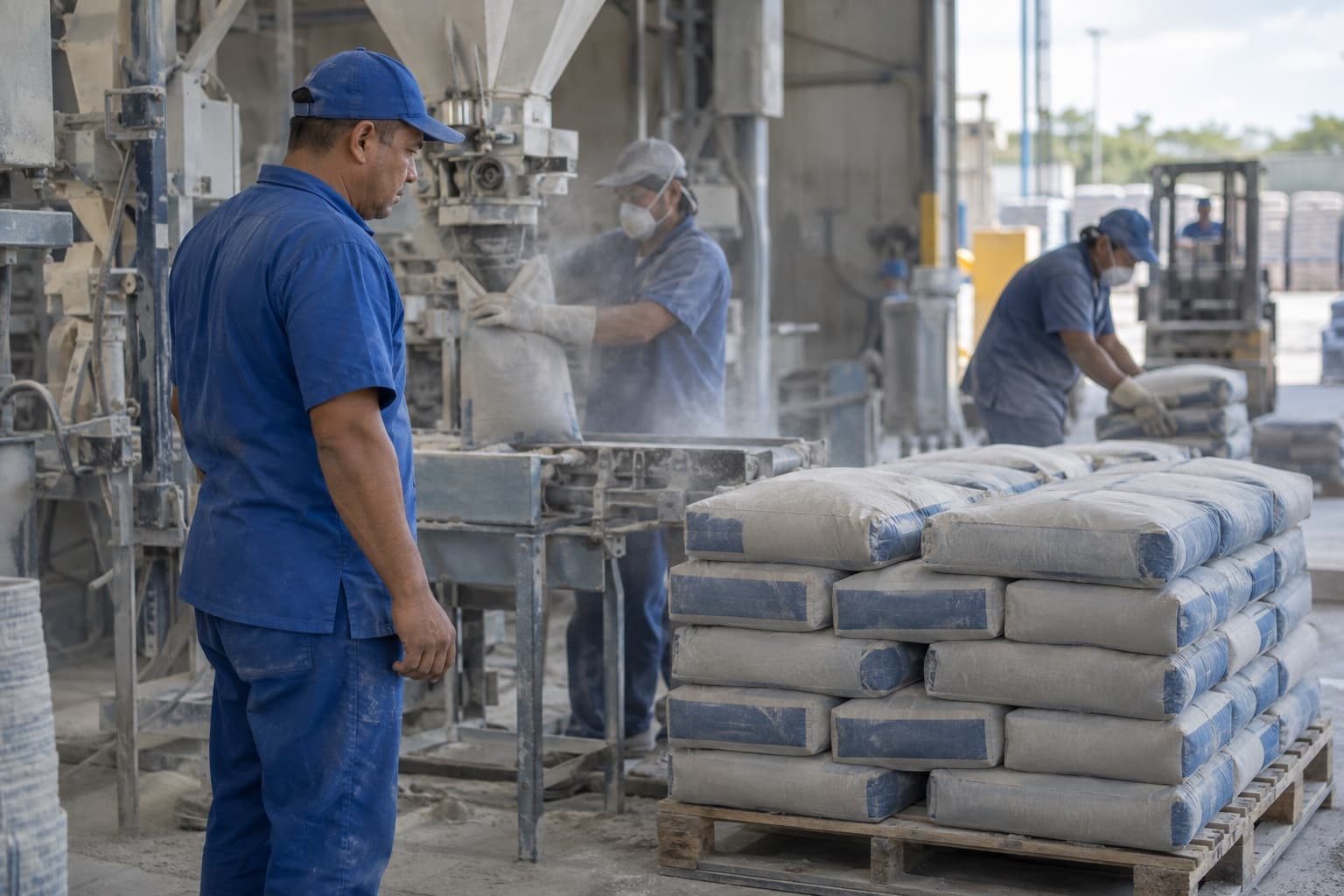 Trabalhador de uniforme azul supervisionando o enchimento e o empilhamento de sacos de argamassa num palete na linha de ensaque de uma fábrica