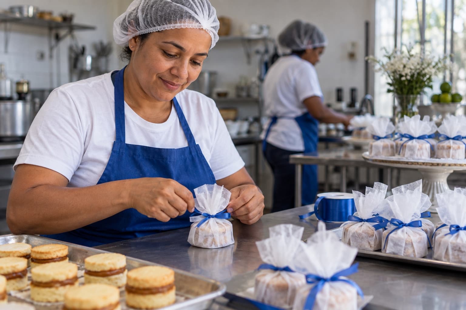 Confeiteira de avental azul e touca embrulhando bem-casados em tule branco com fita azul, bandejas de pão de ló recheado sobre mesa de inox
