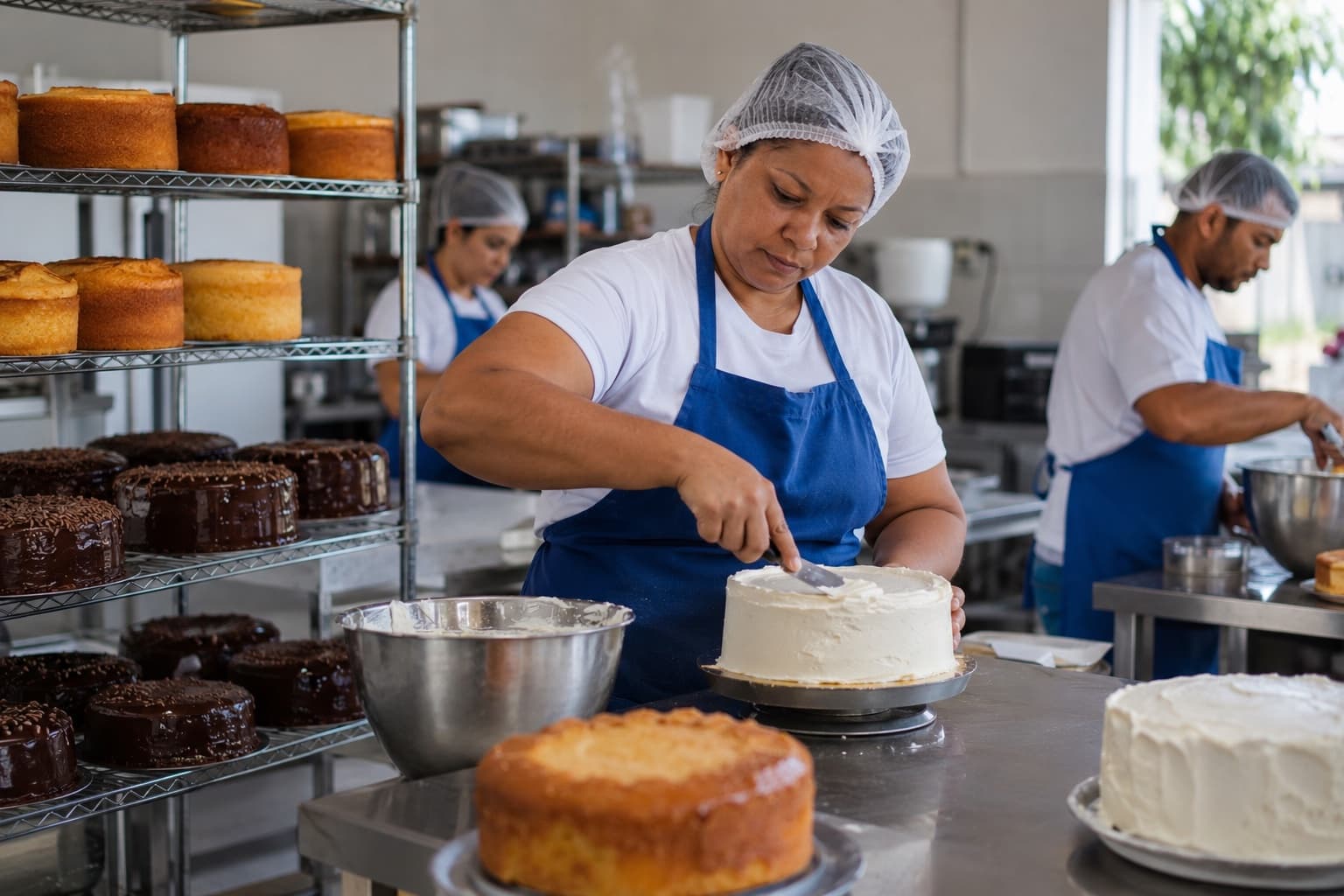 Confeiteira cobrindo um bolo redondo numa mesa de inox, com bolos de milho e de chocolate prontos nas prateleiras