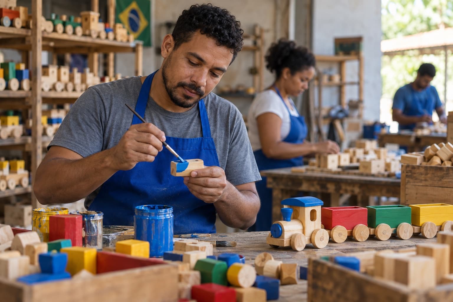 Artesão de avental azul pintando peças de um brinquedo educativo de madeira numa bancada com blocos coloridos e trenzinhos prontos