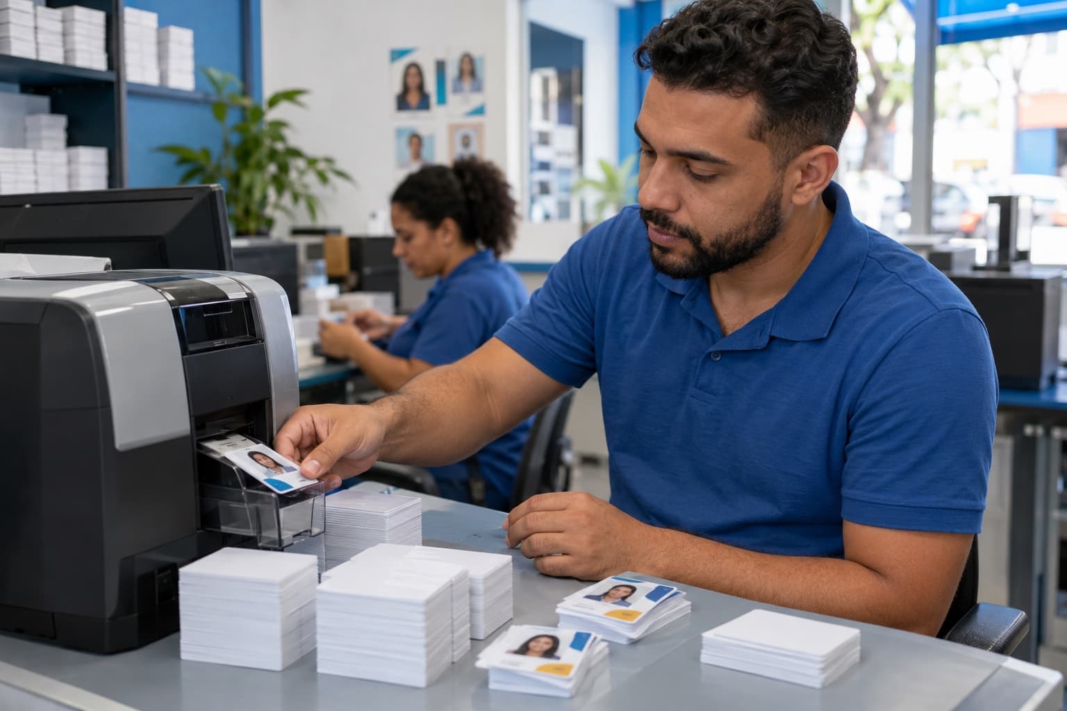 Funcionário de camisa azul retirando crachás de plástico impressos de uma impressora de cartões, com pilhas de cartões PVC brancos sobre a mesa