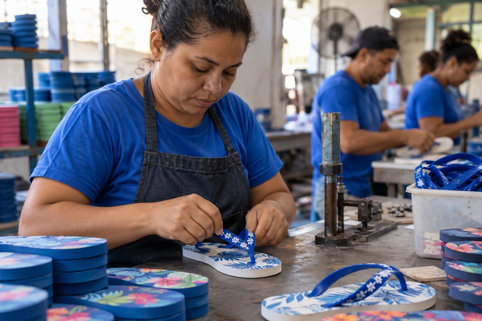 Trabalhador encaixando tiras em chinelos personalizados numa pequena fábrica com pilhas de solados coloridos na bancada