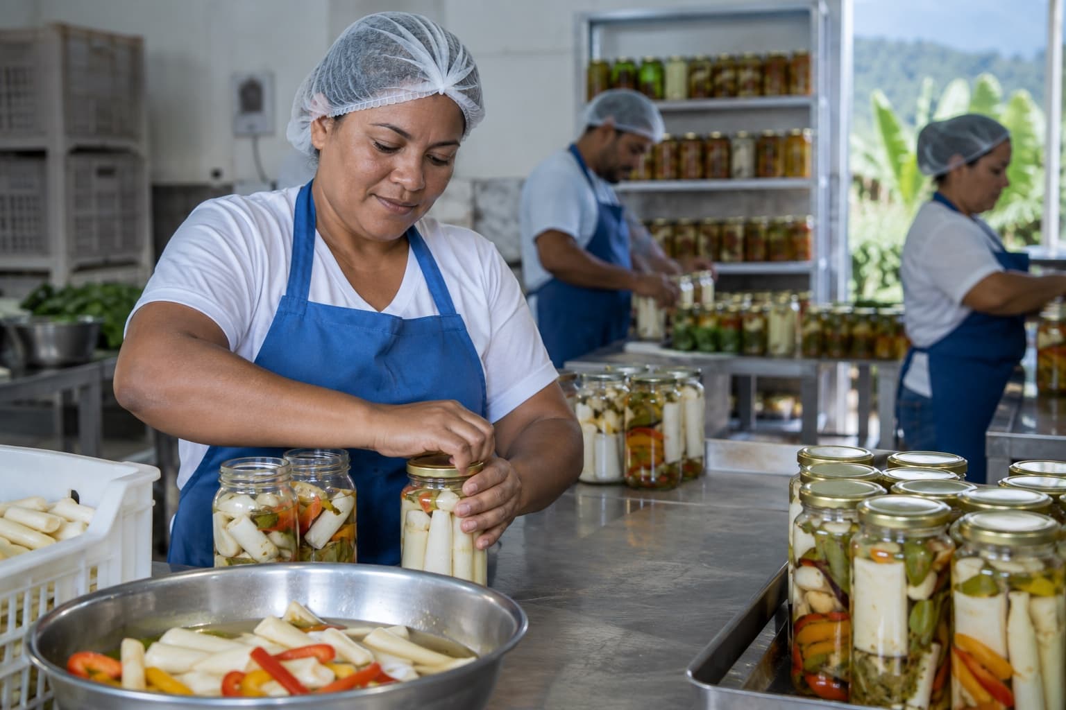 Mulher de avental azul e touca fechando potes de vidro com legumes em conserva e palmito sobre uma mesa de inox numa pequena fábrica de conservas