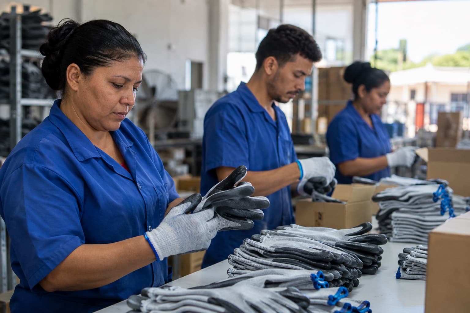 Funcionários de uniforme azul inspecionando e embalando luvas de segurança numa mesa de produção de fábrica de EPI