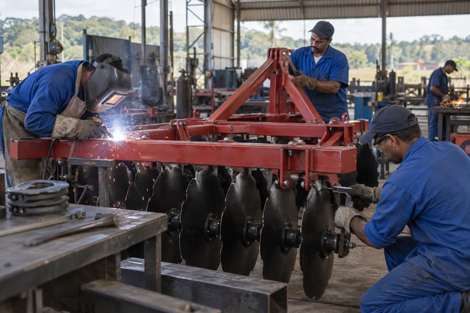 Soldadores de uniforme azul montando uma grade aradora vermelha num galpão de caldeiraria com peças de aço ao redor