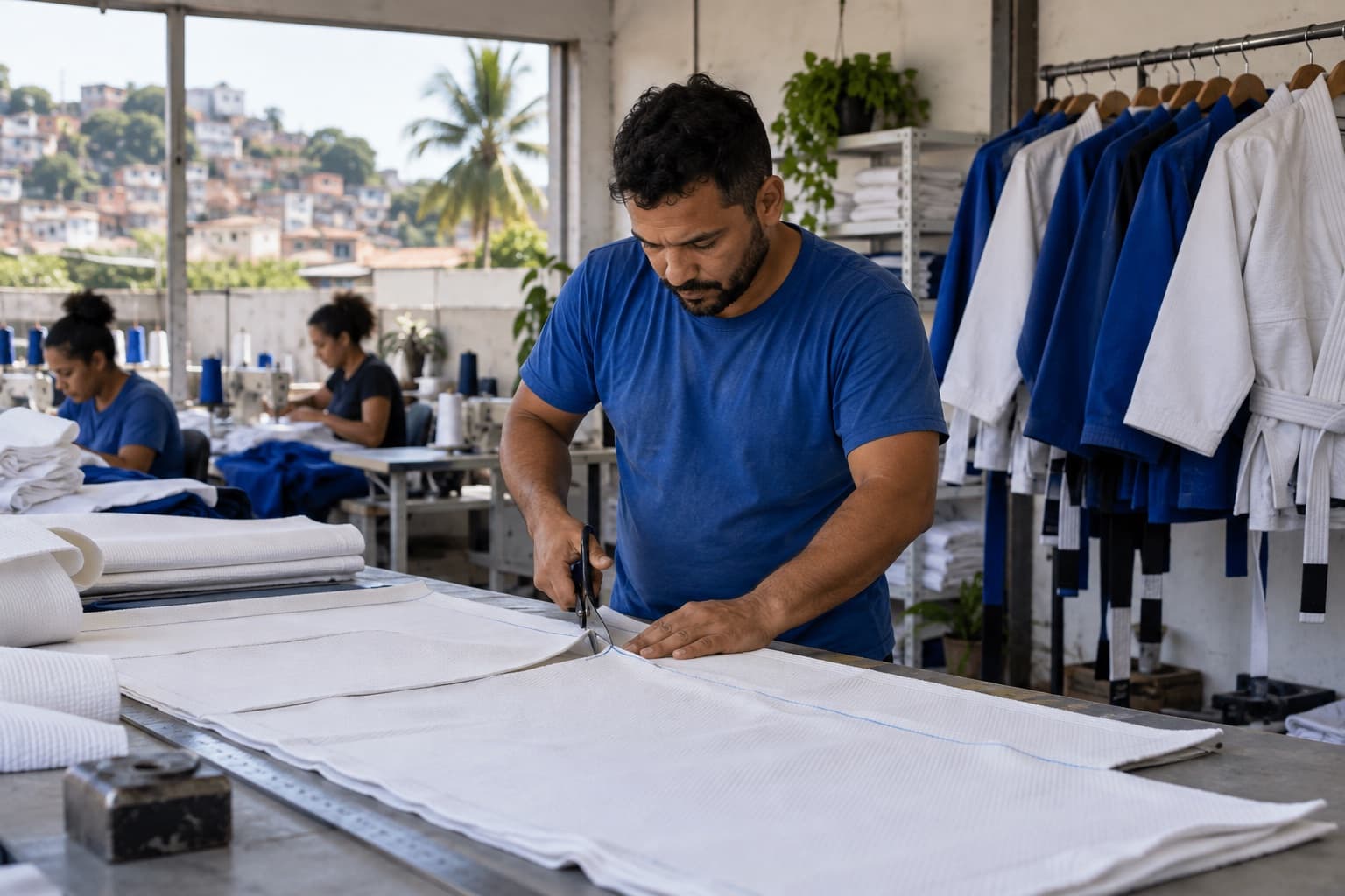 Trabalhador de camisa azul cortando tecido branco grosso de kimono numa mesa longa de corte, com kimonos de jiu-jitsu prontos pendurados numa arara