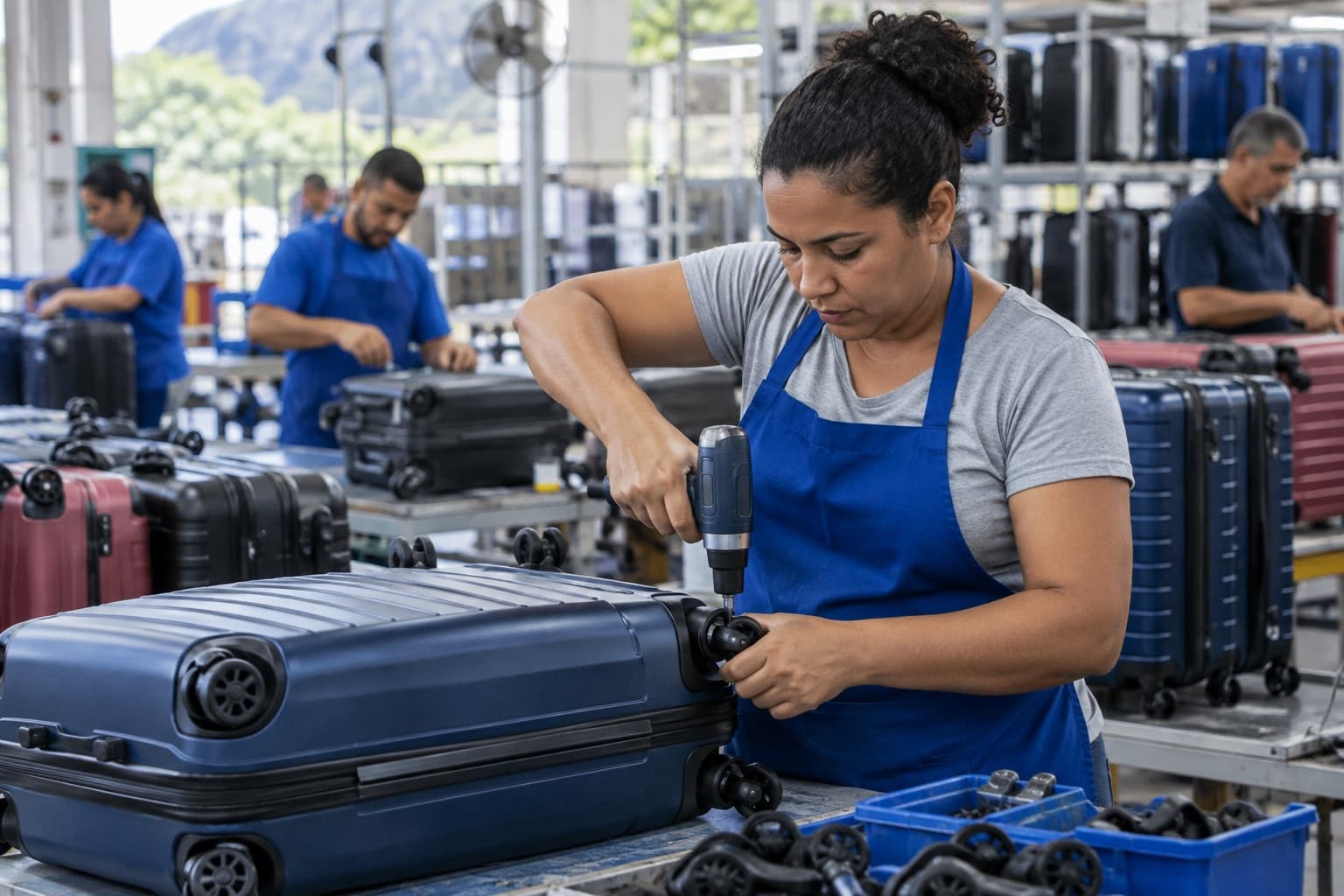 Operário de avental azul montando uma mala de casco rígido e fixando as rodinhas, com fileiras de malas coloridas na linha de produção