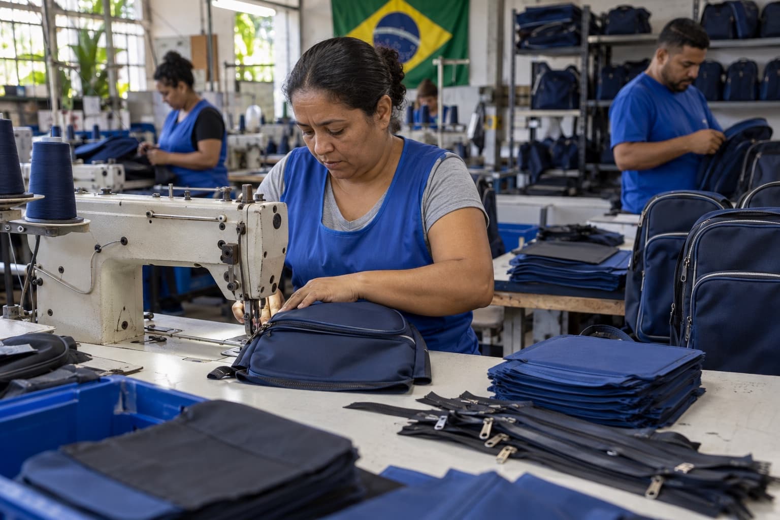 Costureira de avental azul costurando uma mochila escolar azul-marinho em máquina industrial, com painéis cortados, zíperes e mochilas prontas sobre a mesa