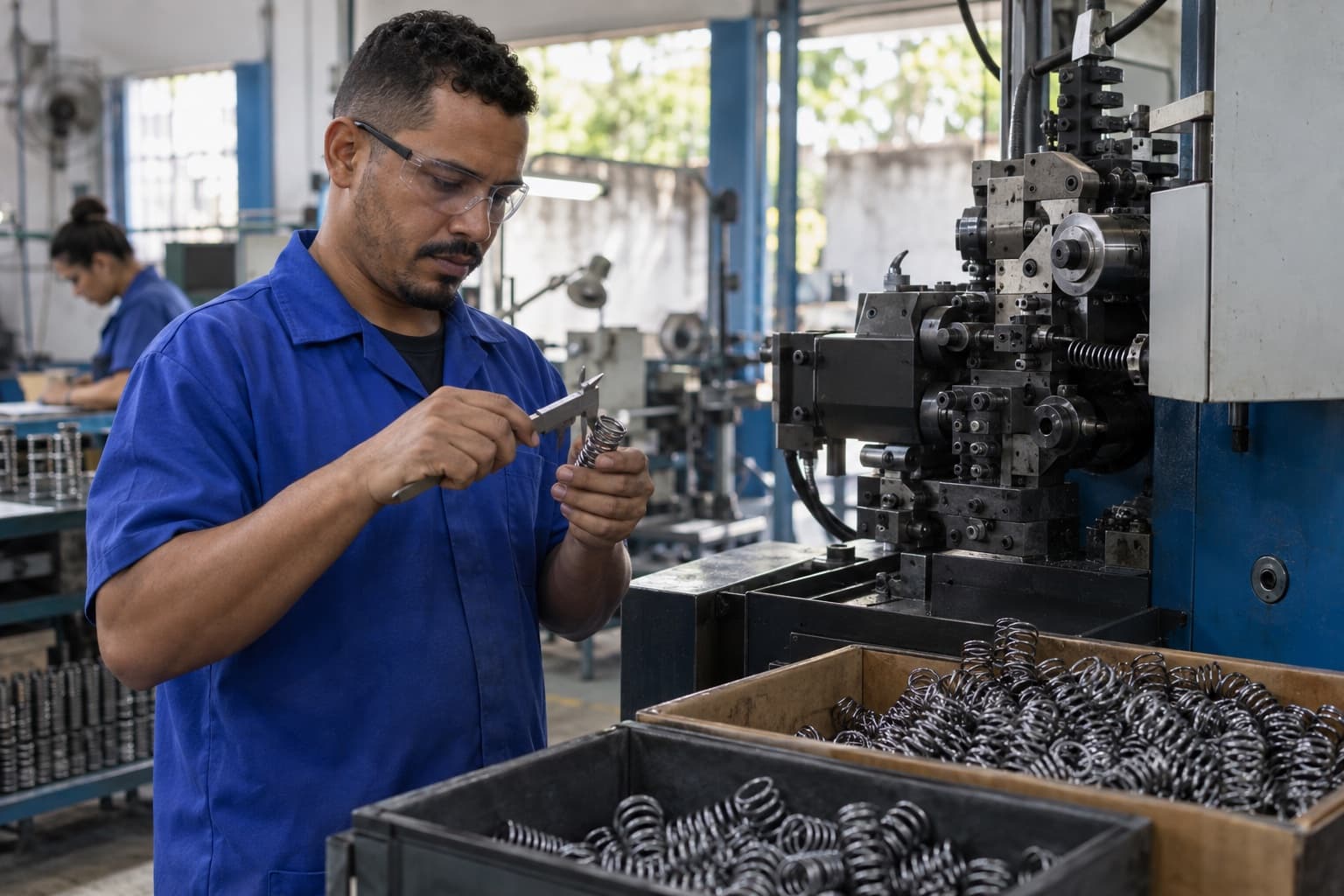 Operador de uniforme azul conferindo com paquímetro uma mola de compressão recém-saída de uma enroladeira CNC, com caixas de molas ao lado