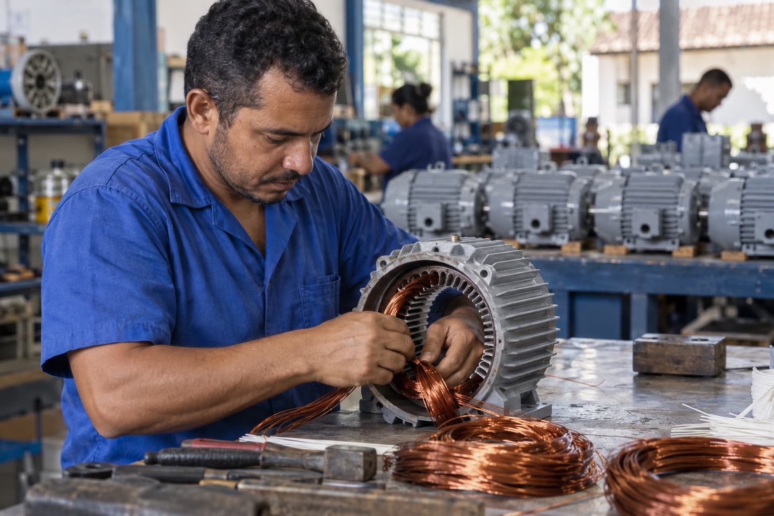 Técnico de camisa azul inserindo bobinas de cobre no estator de um motor elétrico sobre a bancada, com motores cinza prontos enfileirados ao fundo