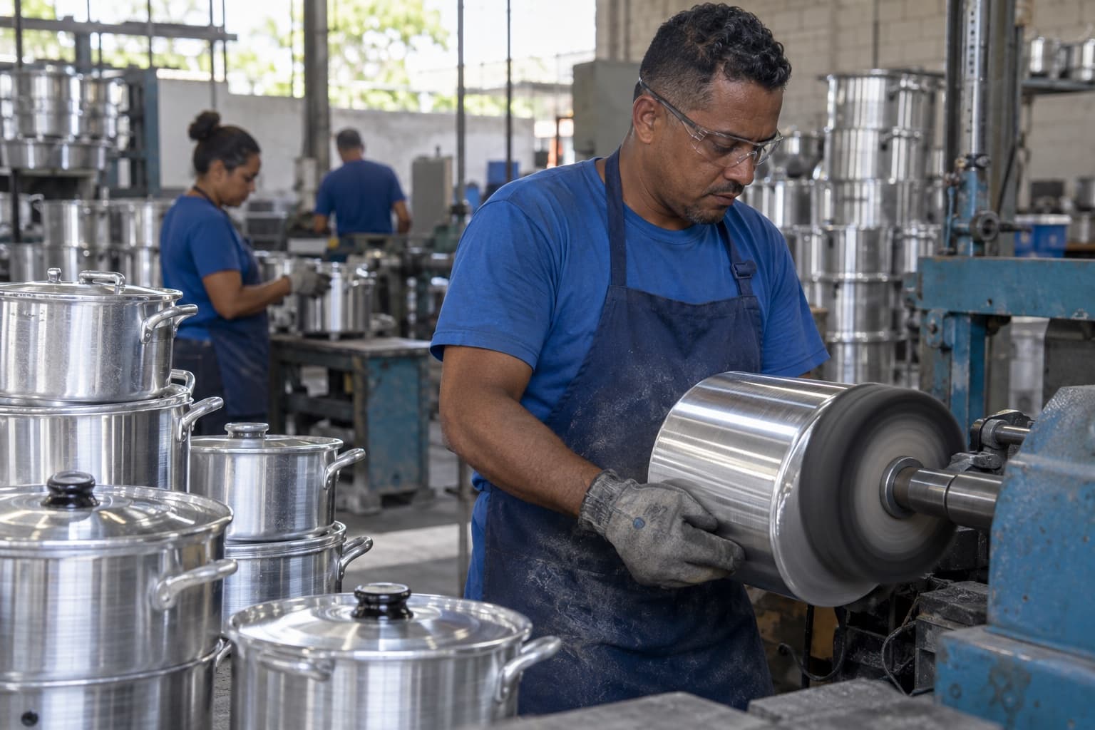 Funcionário de avental azul polindo uma panela de alumínio num torno de polimento, com pilhas de panelas e caldeirões brilhantes ao redor