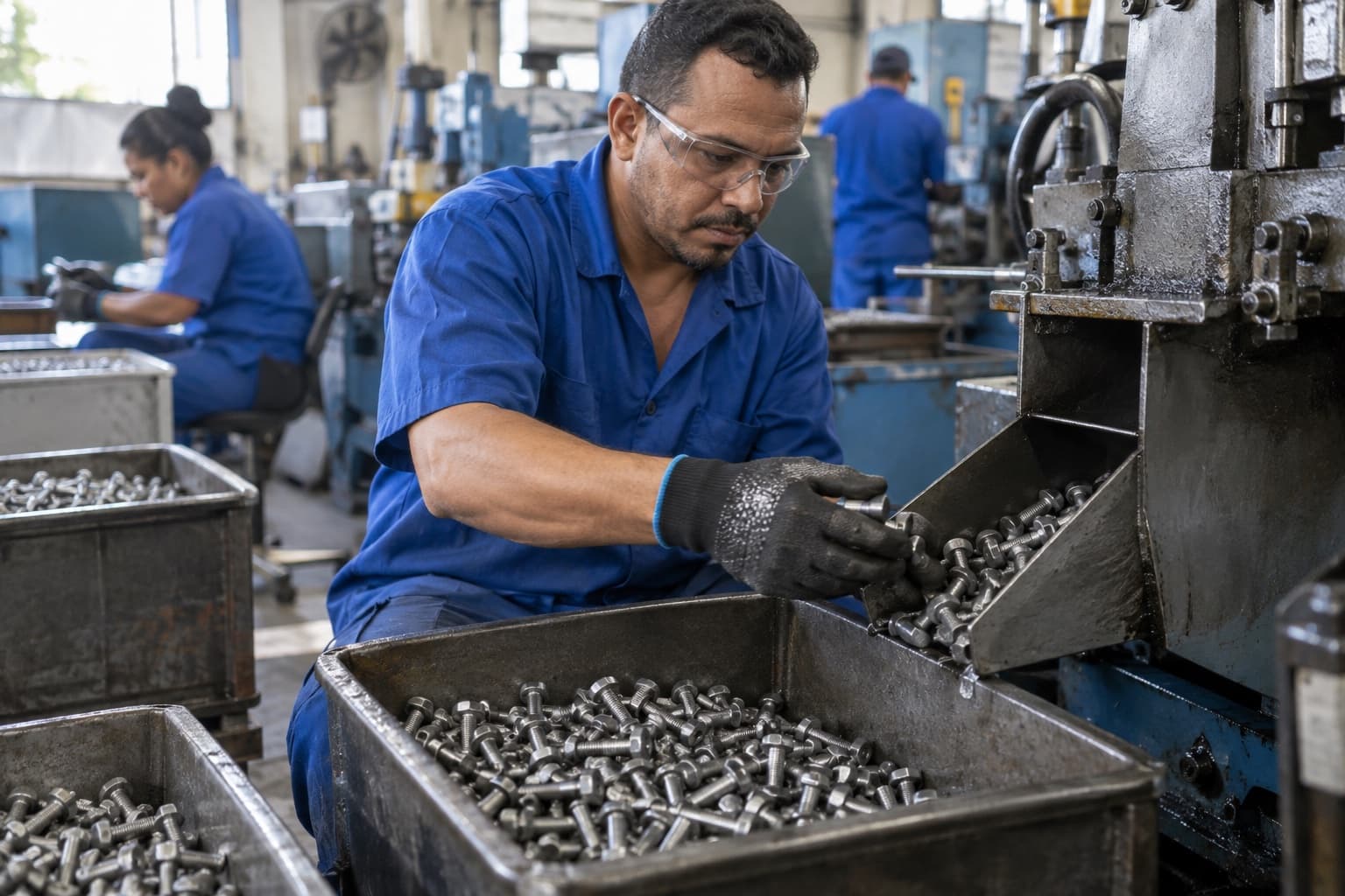 Operador de uniforme azul retirando parafusos recém-conformados da calha de uma máquina de cabeçote numa fábrica de fixadores
