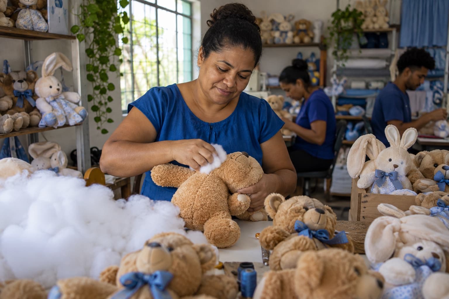 Costureira de blusa azul enchendo um urso de pelúcia com fibra siliconada numa bancada cheia de ursos e coelhos em produção