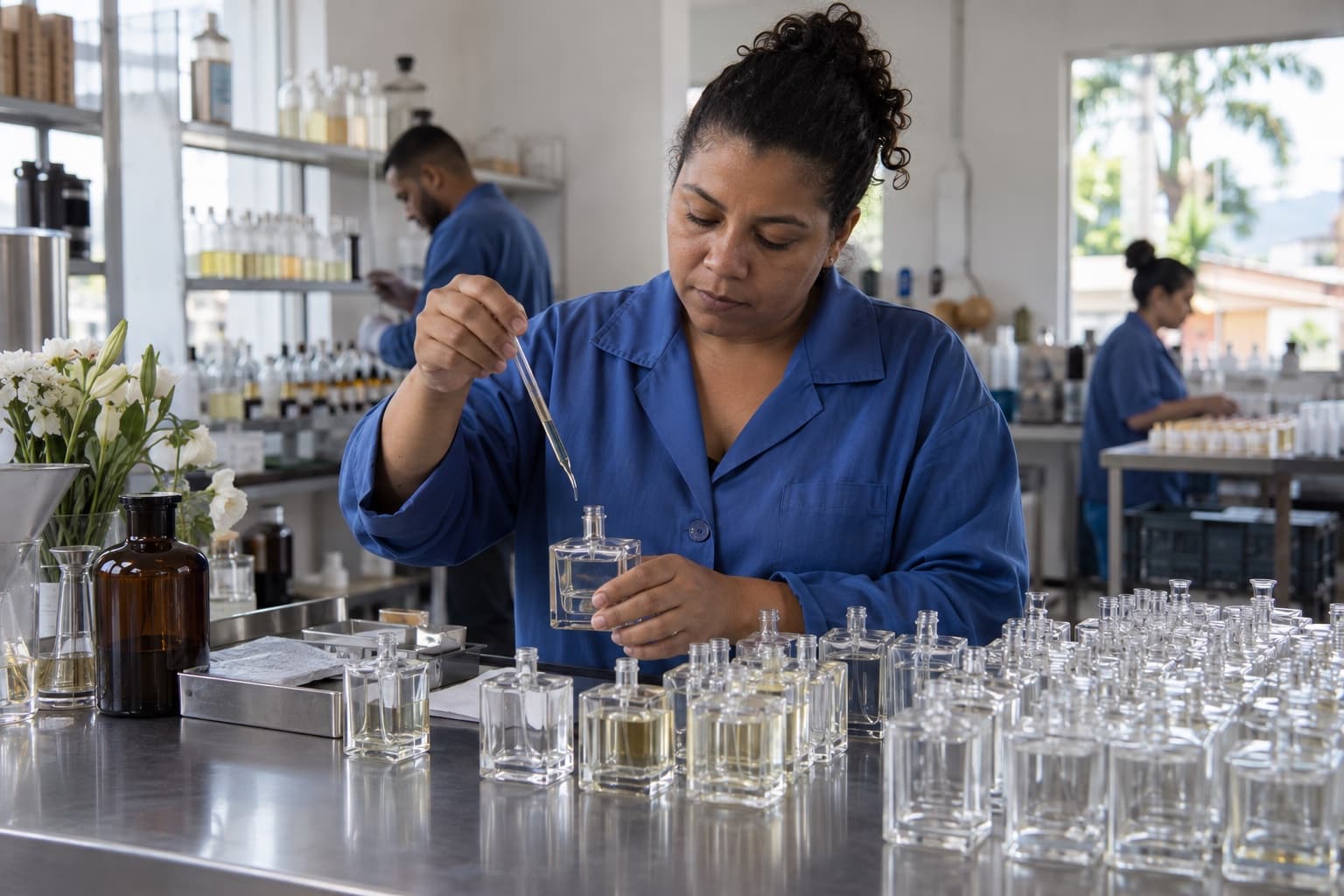 Perfumista de jaleco azul medindo essência em frascos de vidro sobre a bancada de laboratório de uma pequena fábrica de perfumes