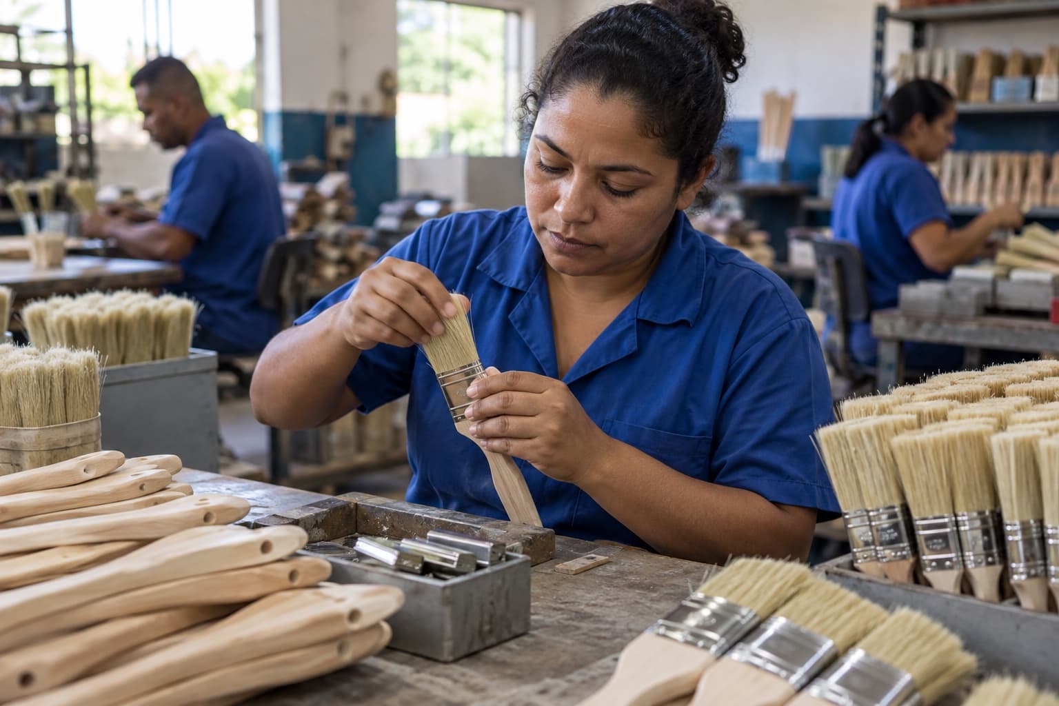 Operária de uniforme azul encaixando cerdas em virolas metálicas de trinchas numa bancada com cabos de madeira e pincéis prontos