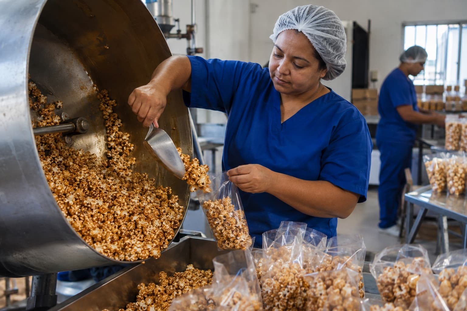 Funcionária de uniforme azul e touca enchendo saquinhos plásticos com pipoca caramelizada de uma grande panela industrial numa pequena fábrica de snacks