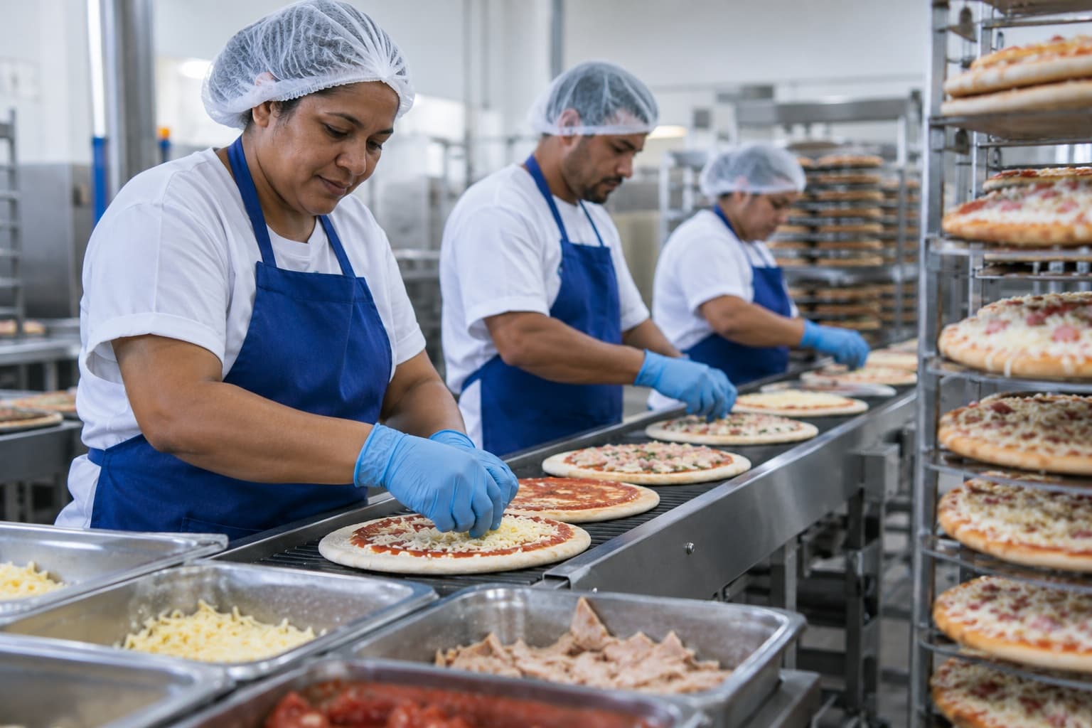 Funcionários de avental azul e touca recheando discos de pizza pré-assados numa linha de produção de fábrica de pizza congelada, com pizzas empilhadas para embalar