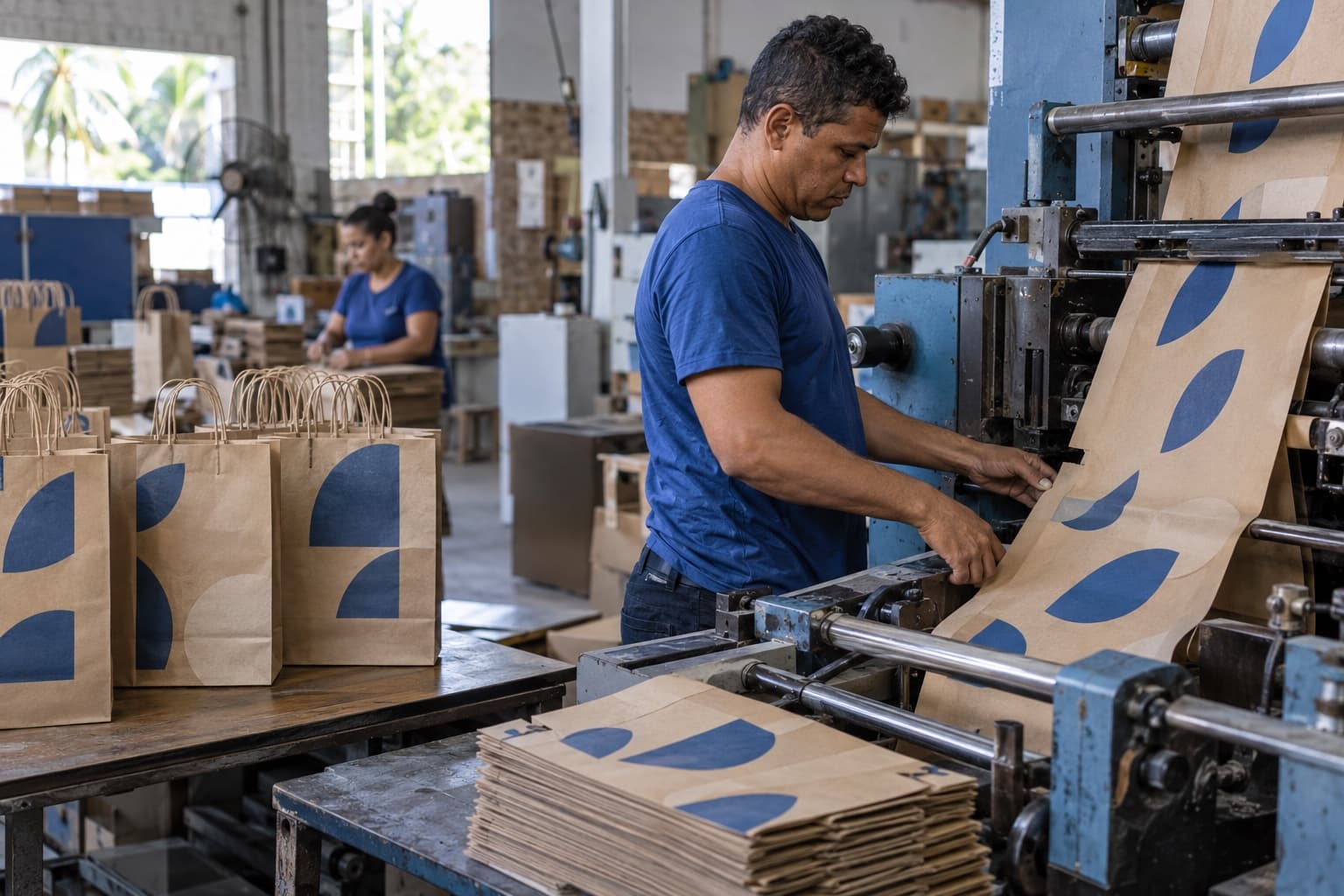Operador acompanhando uma máquina que produz sacolas de papel kraft impressas, com sacolas prontas empilhadas na mesa