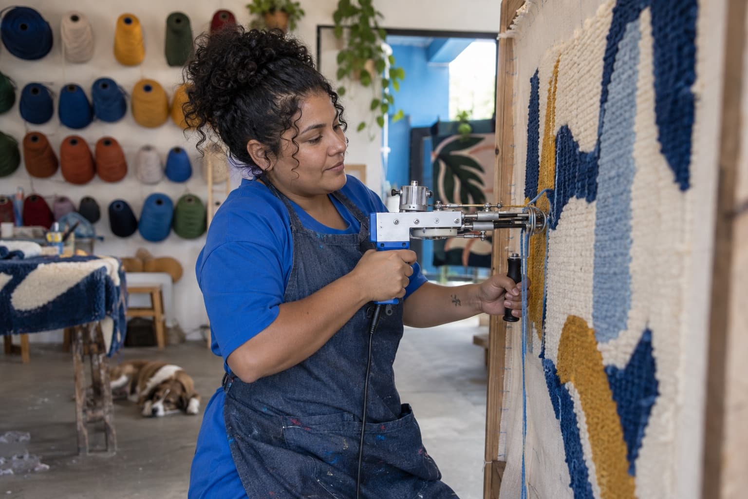 Tapeceira de camisa azul passando a pistola de tufting num bastidor com tapete em produção, com rolos de fio coloridos na parede da fábrica