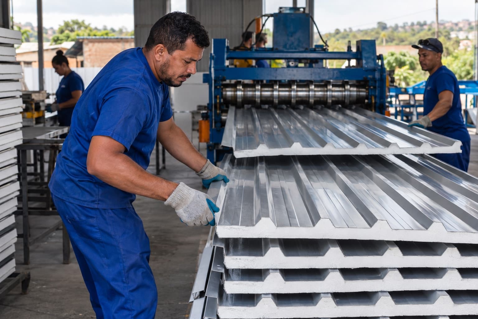 Trabalhador de uniforme azul empilhando painéis de telha termoacústica que saem de uma perfiladeira numa fábrica de telhas