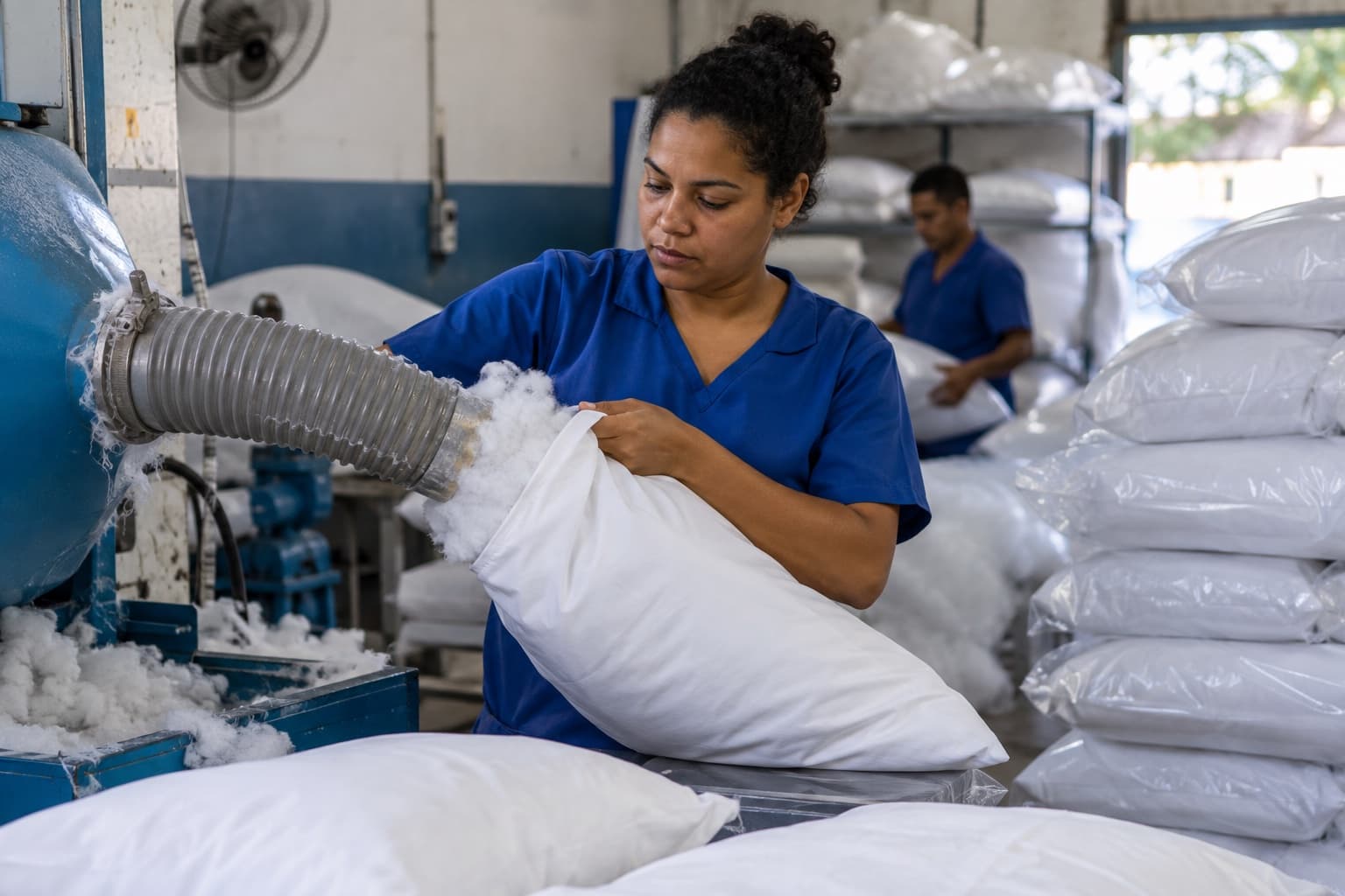 Trabalhador de uniforme azul enchendo travesseiros com fibra por uma mangueira de máquina, com travesseiros brancos prontos empilhados em sacos plásticos