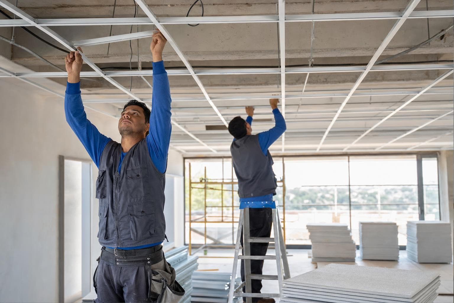 Instalador encaixando placa de forro modular em perfil T no teto de uma loja em obra