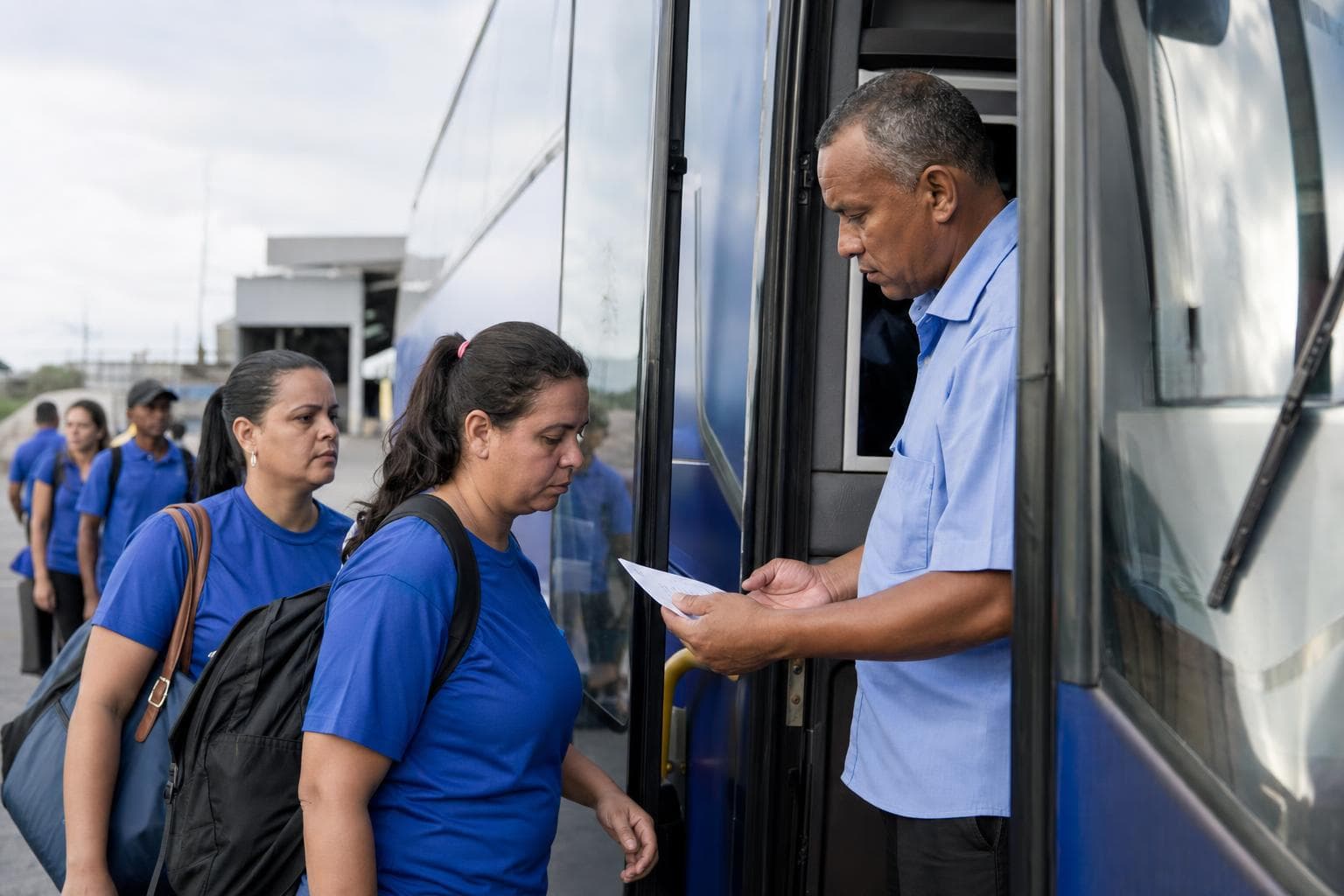 Motorista conferindo a lista de passageiros na porta de um ônibus de fretamento