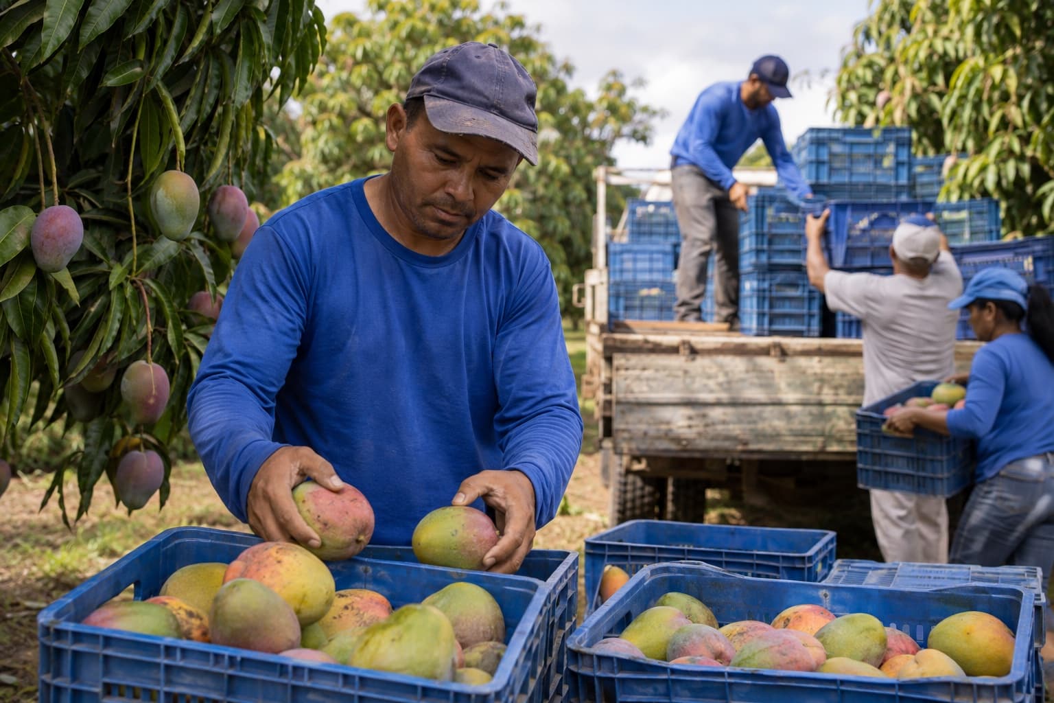 Fruticultor de camisa azul colhendo mangas maduras em caixas plásticas no pomar, com trabalhadores empilhando caixas num caminhão pequeno