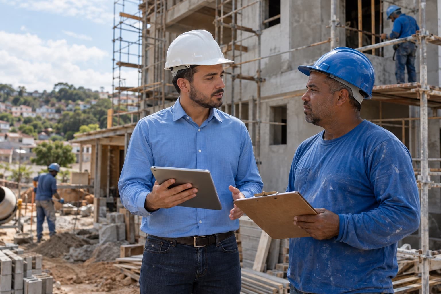 Engenheiro de camisa azul e capacete branco registrando o avanço de uma obra residencial no tablet ao lado do mestre de obras, com andaimes e estrutura de concreto ao fundo