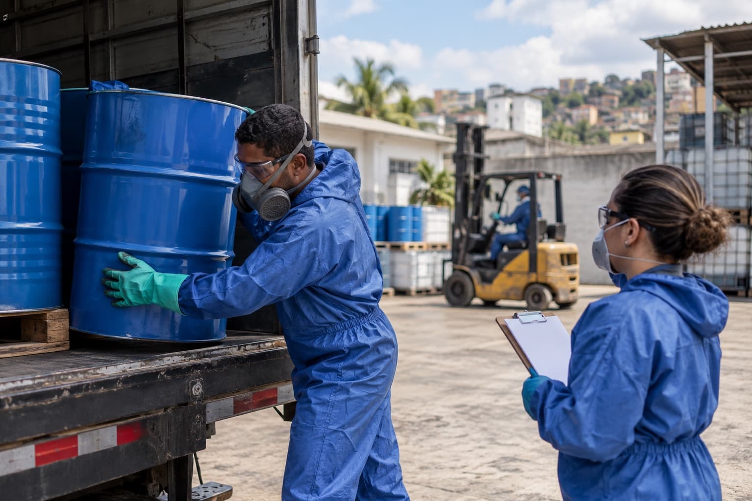 Trabalhador de macacão azul e máscara carregando tambores lacrados de resíduo perigoso em caminhão em pátio industrial