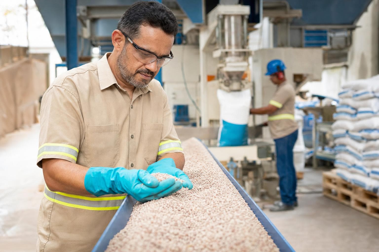 Pá carregadeira misturando matéria-prima granulada em um galpão de fertilizantes