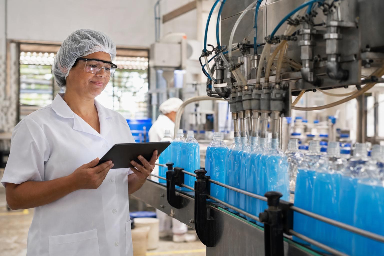 Operadora conferindo frascos de desinfetante na linha de envase de uma fábrica de saneantes