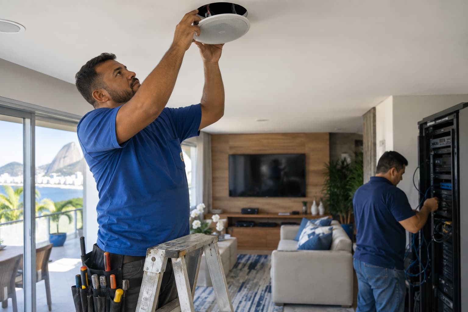 Técnico em escada instalando uma caixa de som redonda no forro de drywall de uma sala moderna, com cabos e rack de amplificador ao fundo