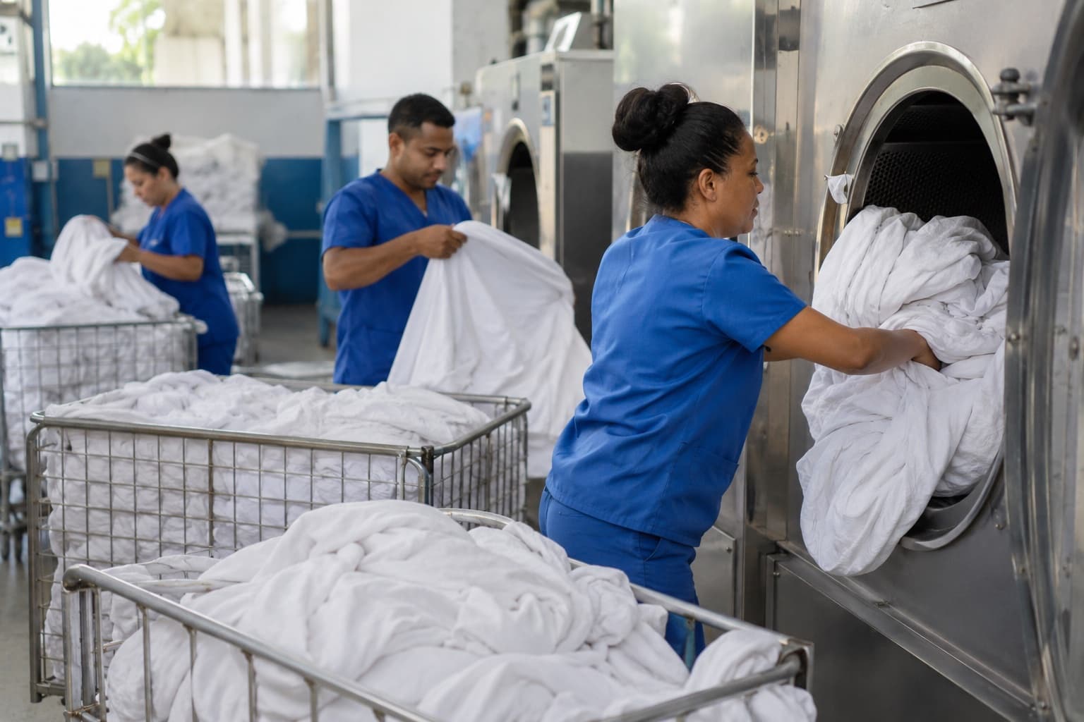 Funcionários de uniforme azul carregando lençóis brancos de hotel numa lavadora industrial, com carrinhos cheios de roupa