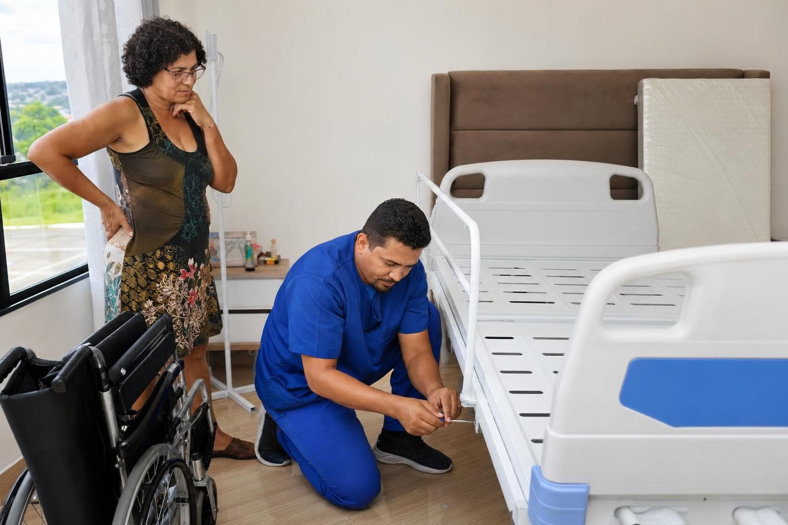 Técnico montando uma cama hospitalar articulada no quarto de uma residência
