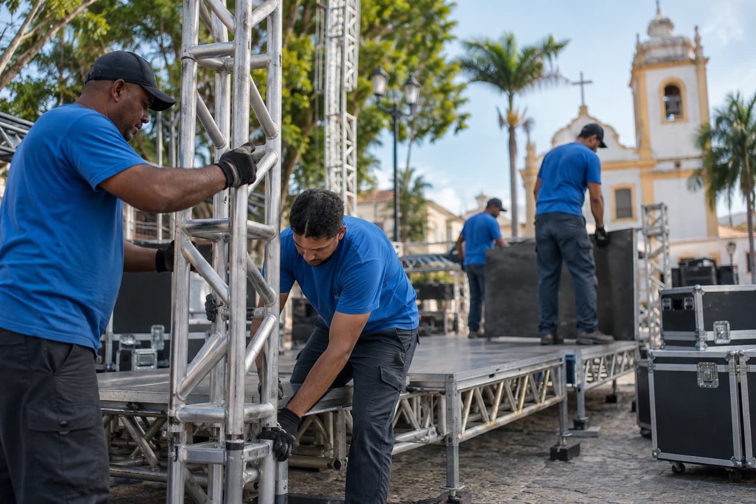 Equipe de camisas azuis montando treliças de alumínio e plataforma de palco para evento ao ar livre em praça, com cases de equipamento ao lado