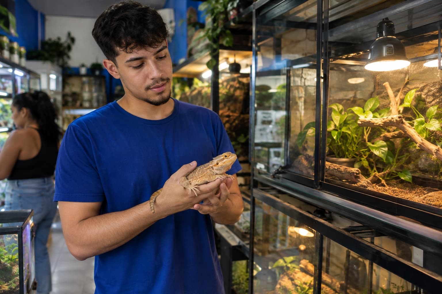 Atendente de camisa azul segurando um dragão-barbudo calmo ao lado de terrários de vidro com plantas e lâmpadas de aquecimento numa loja